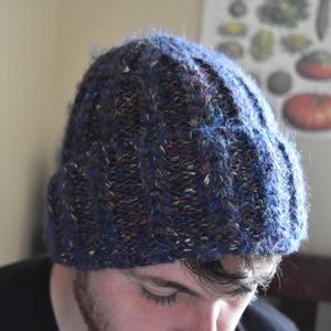 Funky knit indigo beanie with colorful speckles